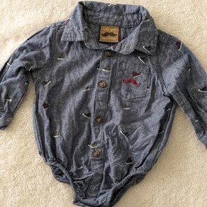 Little Gent ButtonUp Denim Long Sleeve Sneaker/Mustache Print Shirt. Size 3-6M